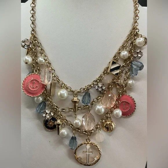 CHARMING CHARLIE CHARM NAUTICAL PINK BLUE FAUX PEARL OVERSIZED NECKLACE NWT - Picture 1 of 3